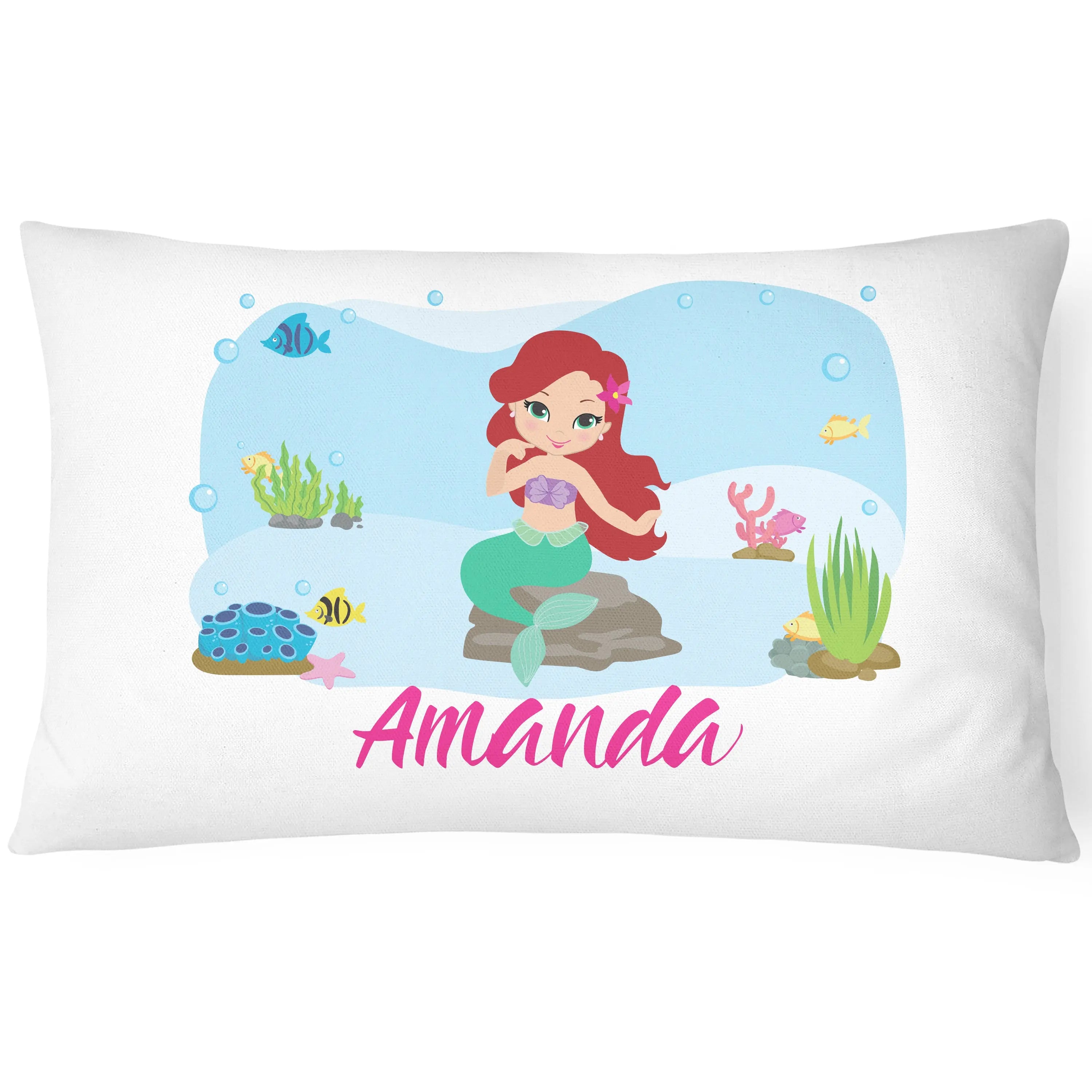 Personalised Mermaid Pillow Case Printed Gift Children Custom Print - Red Head - CushionPop