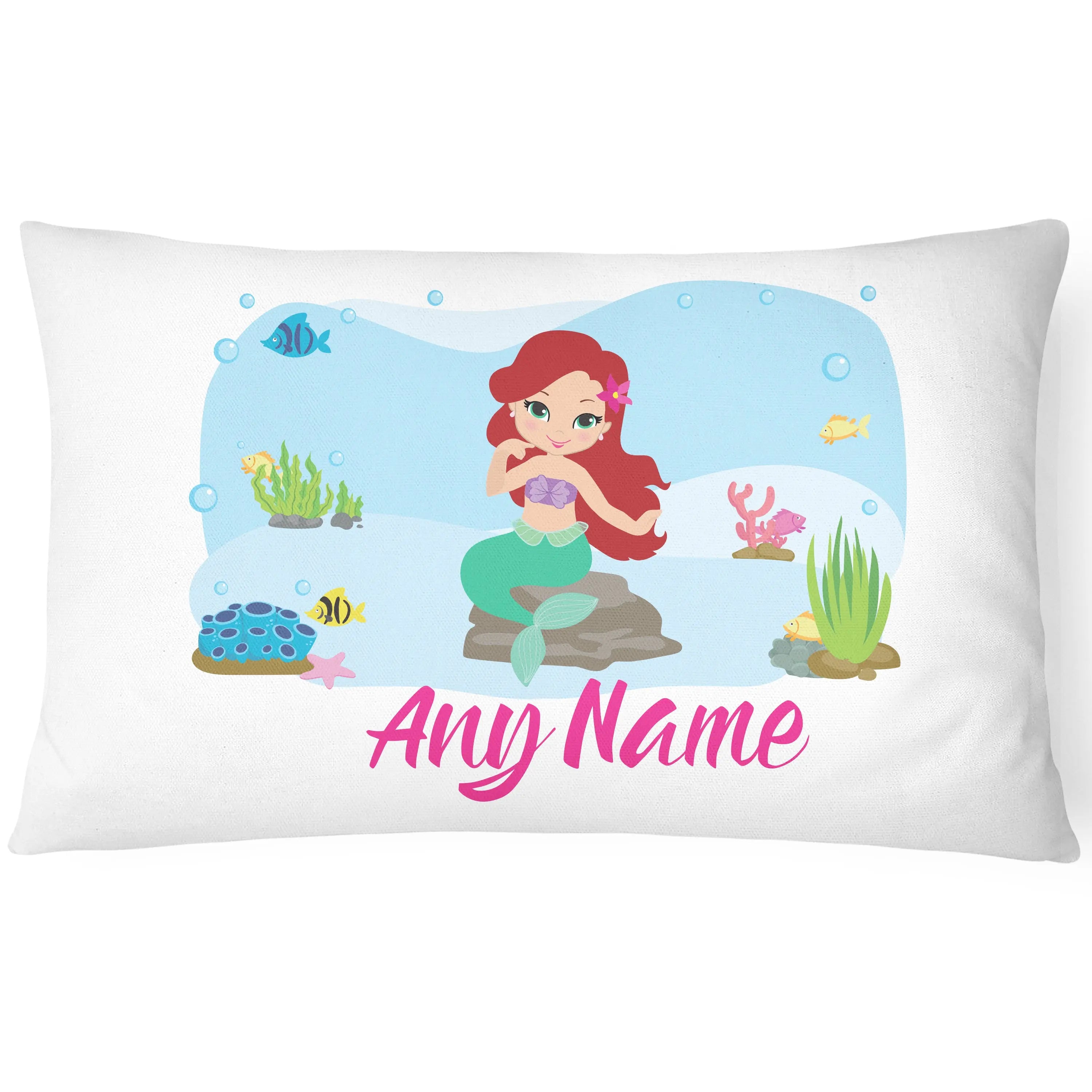 Personalised Mermaid Pillow Case Printed Gift Children Custom Print - Red Head - CushionPop