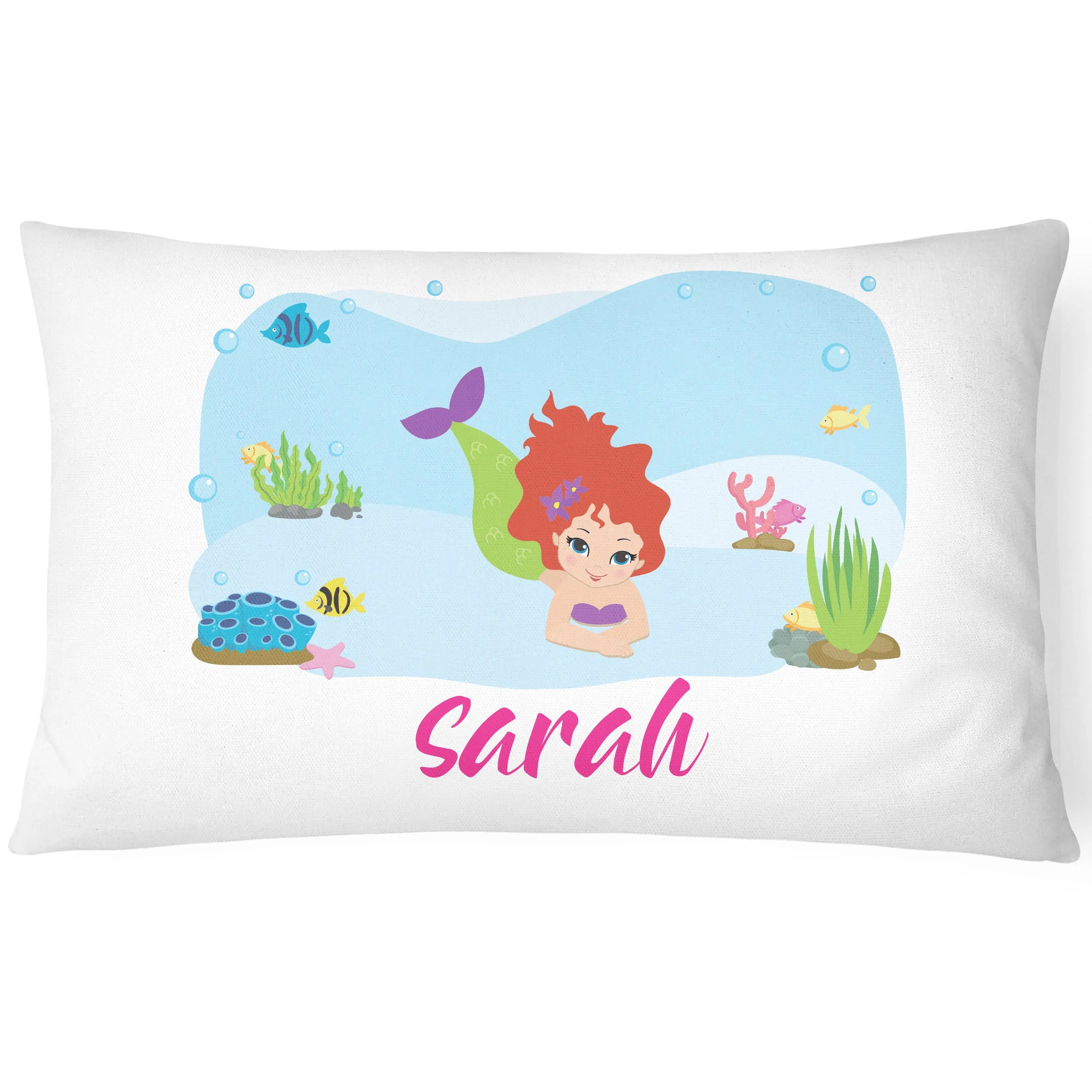 Personalised Mermaid Pillow Case Printed Gift Children Custom Print  - Red Hair - CushionPop