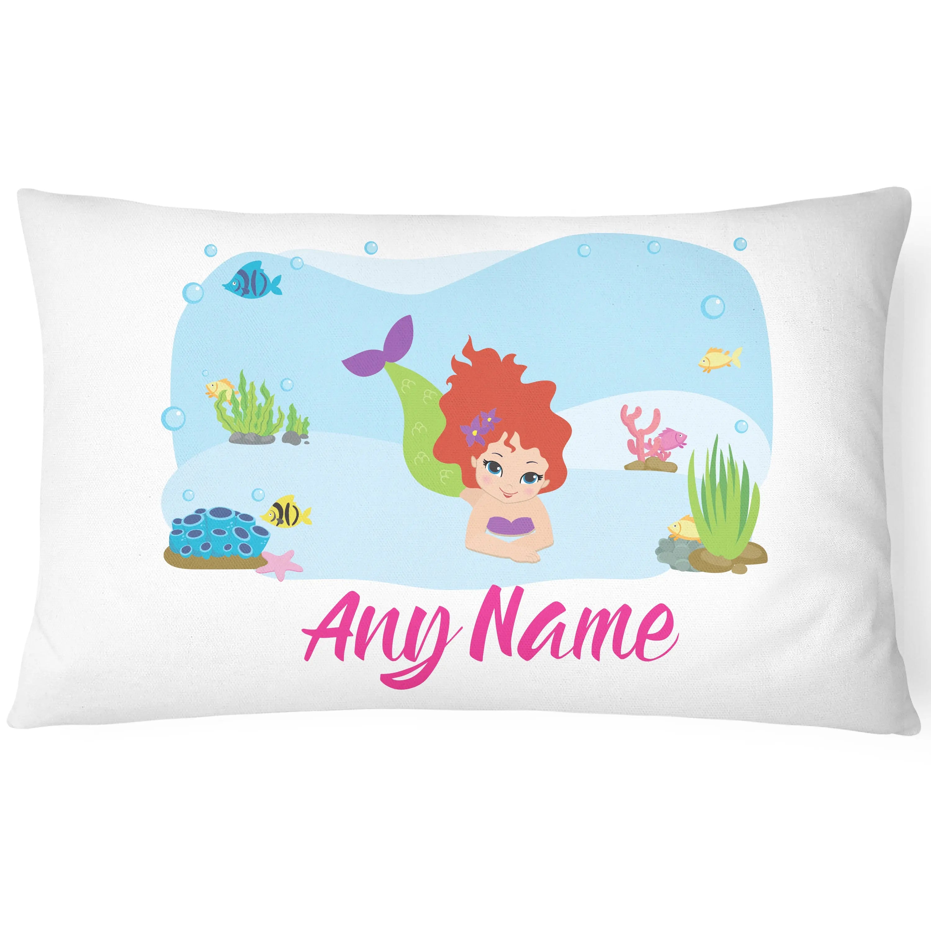 Personalised Mermaid Pillow Case Printed Gift Children Custom Print  - Red Hair