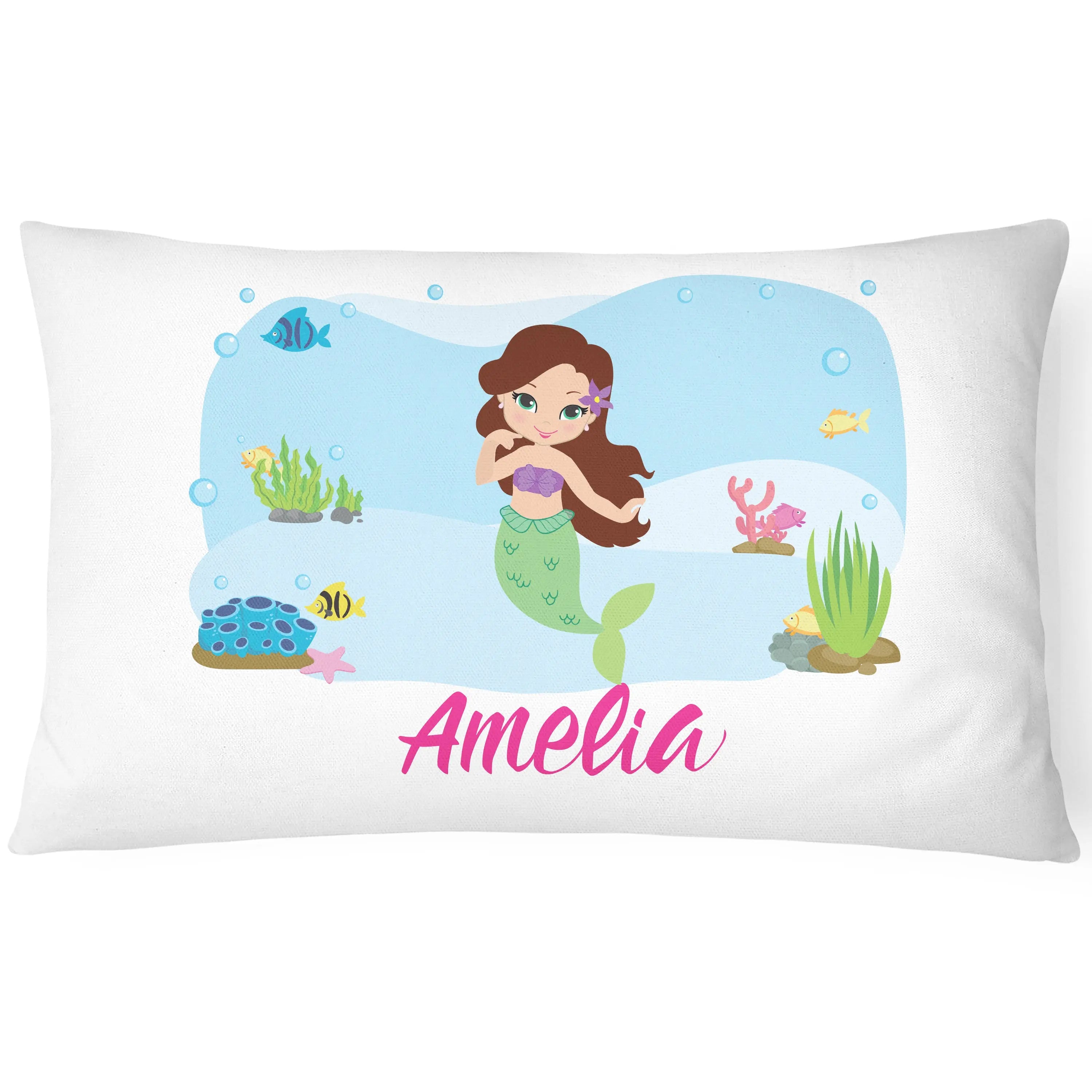 Personalised Mermaid Pillow Case Printed Gift Children Custom Print - Brown Hair - CushionPop