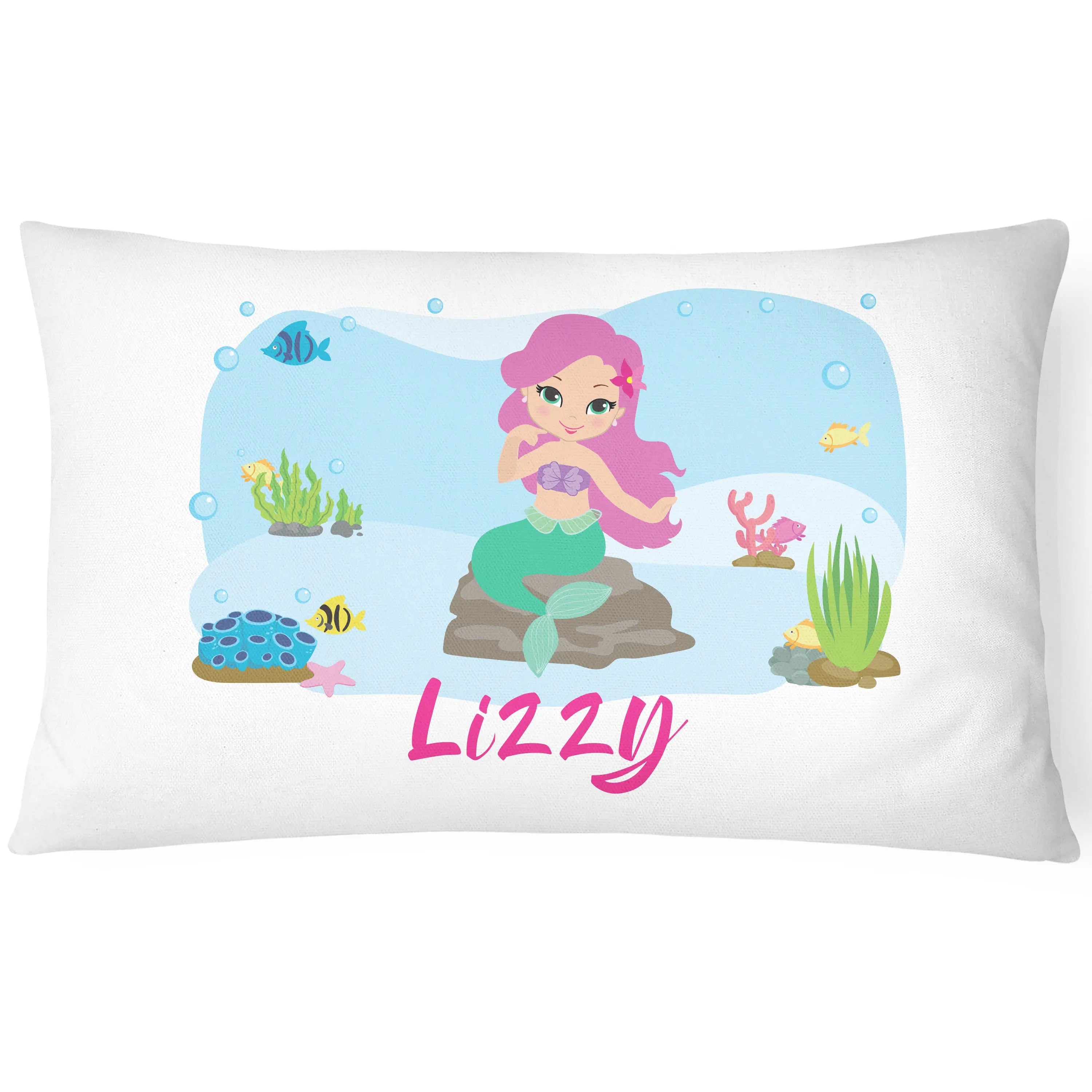 Personalised Mermaid Pillow Case Printed Gift Children Custom Print - Pink Hair - CushionPop
