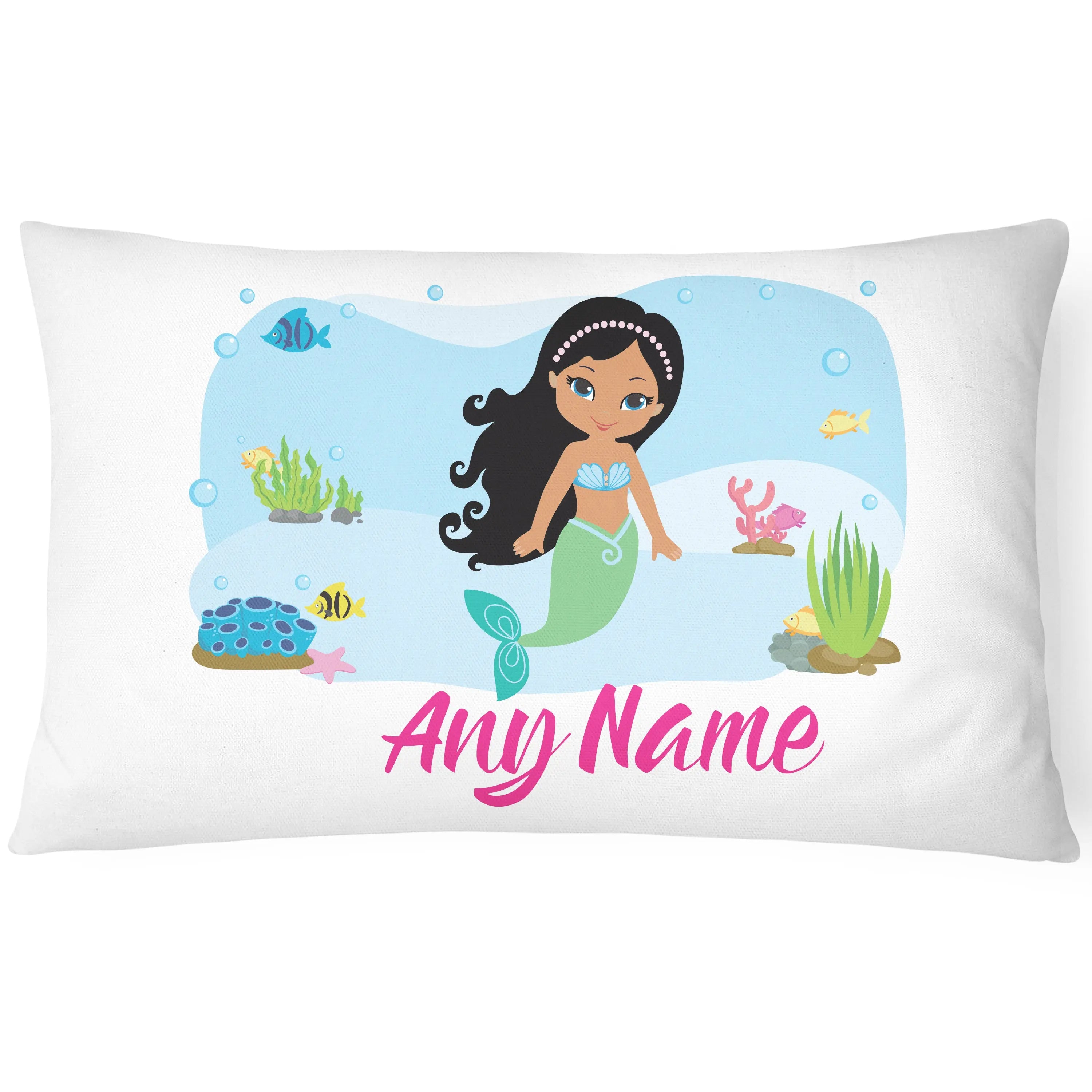 Personalised Mermaid Pillow Case Printed Gift Children Custom Print - Black Hair - CushionPop