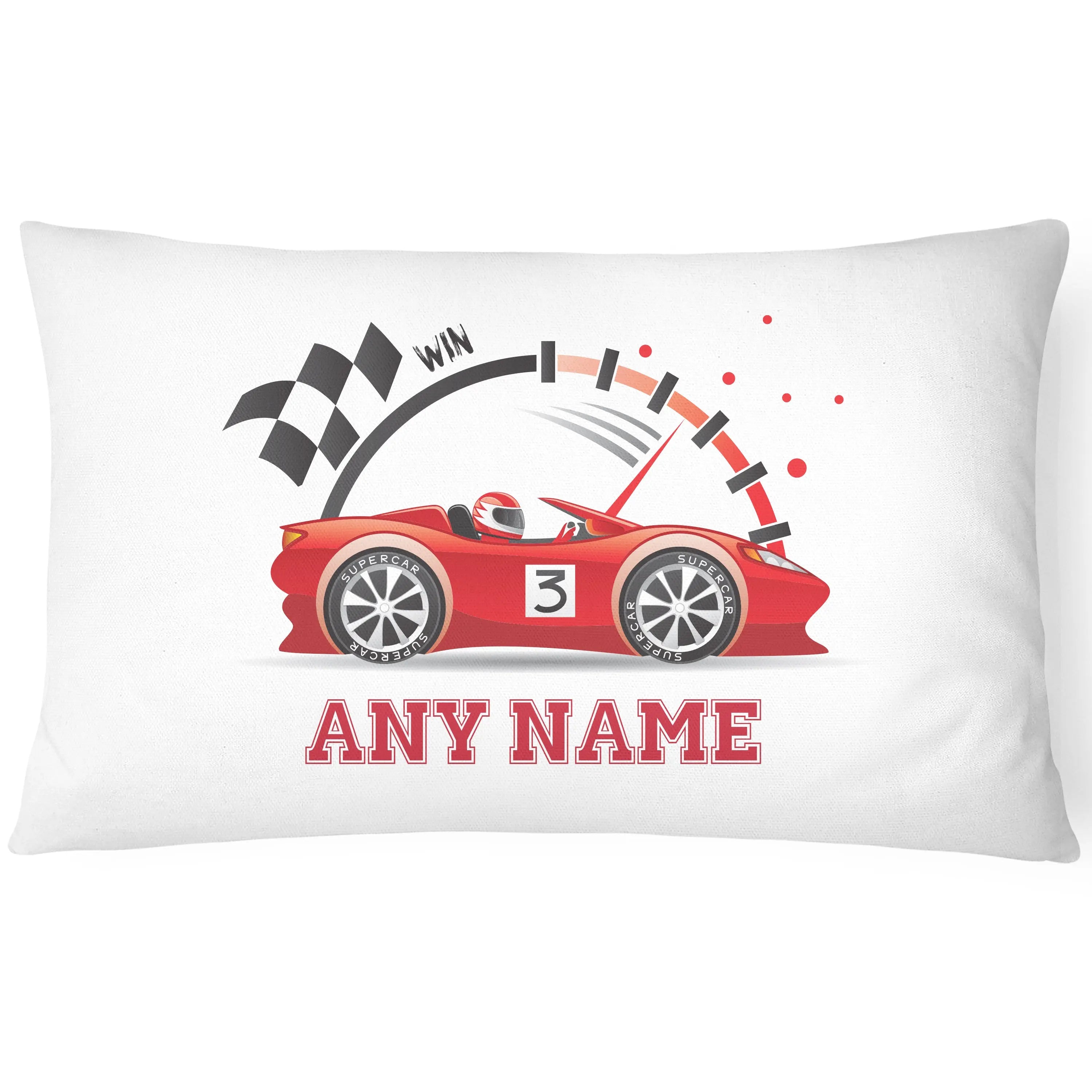 Race Car Pillowcase for Kids - Personalise With Any Name - Perfect Children's Gift - Red - CushionPop