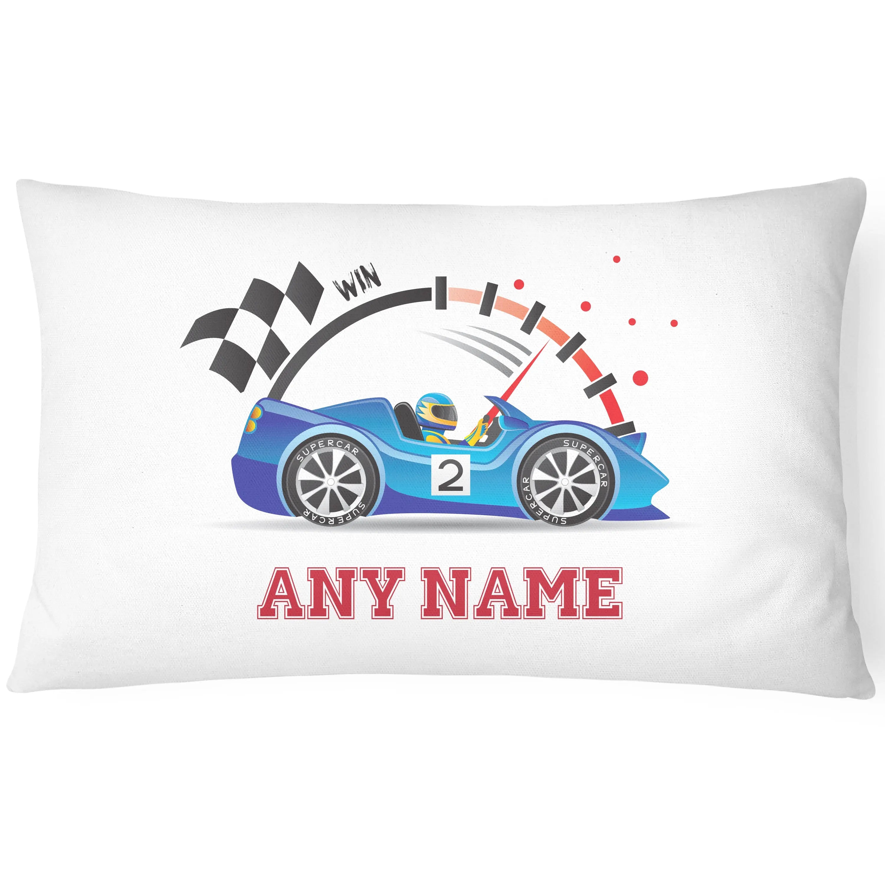 Race Car Pillowcase for Kids - Personalise With Any Name - Perfect Children's Gift - Blue - CushionPop