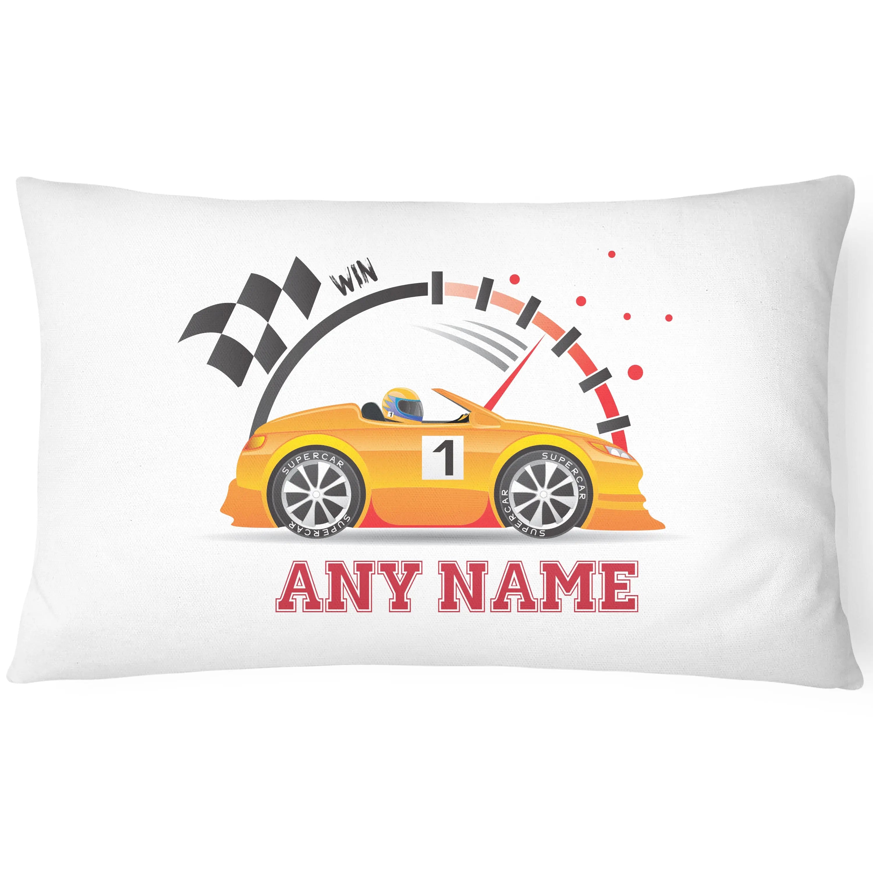 Race Car Pillowcase for Kids - Personalise With Any Name - Perfect Children's Gift - Orange - CushionPop