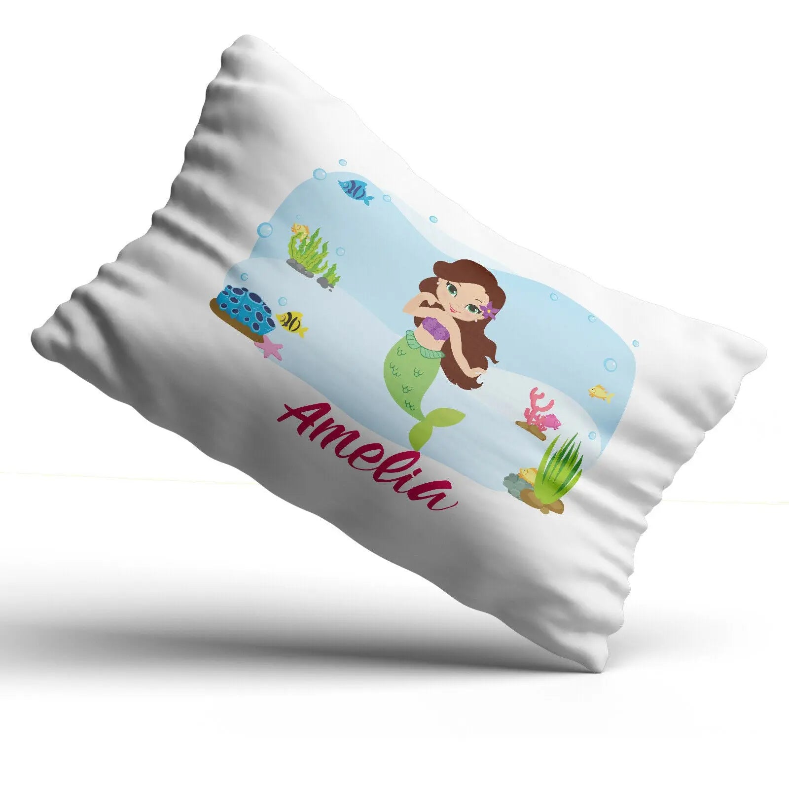 Personalised Mermaid Pillow Case Printed Gift Children Custom Print - Brown Hair