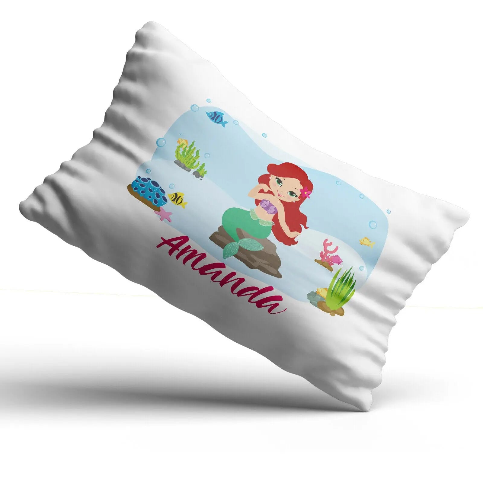 Personalised Mermaid Pillow Case Printed Gift Children Custom Print - Red Head