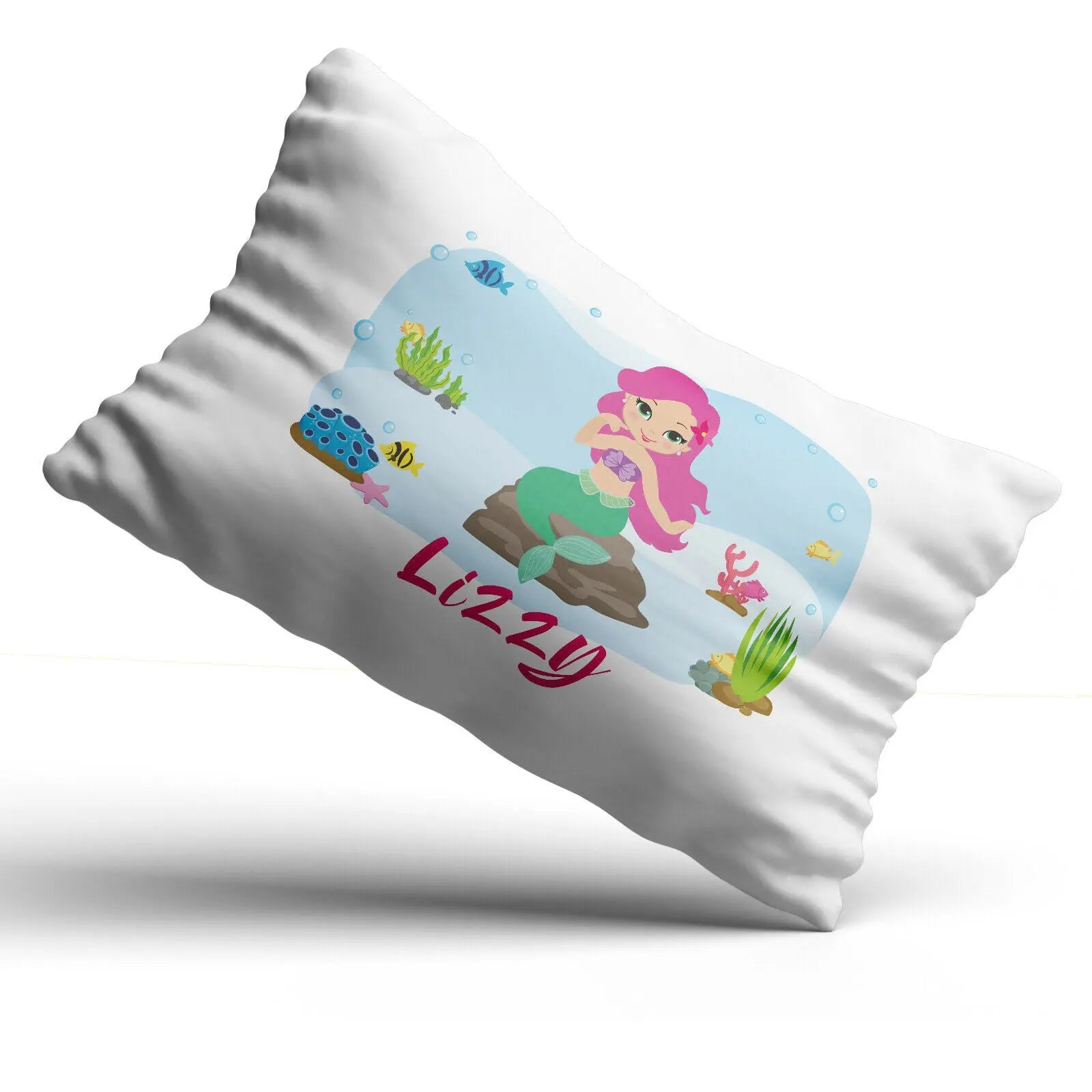 Personalised Mermaid Pillow Case Printed Gift Children Custom Print - Pink Hair - CushionPop