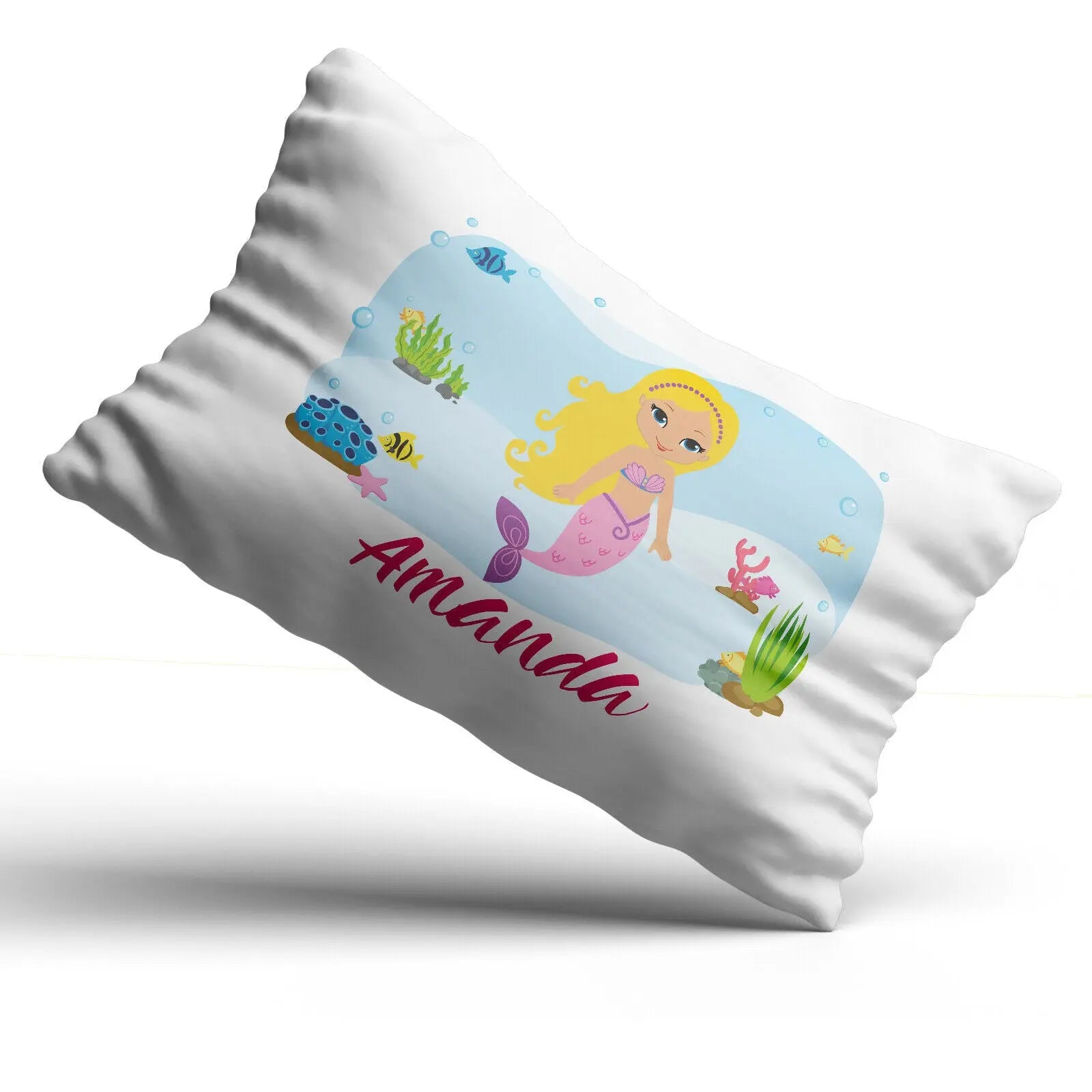 Personalisierter Meerjungfrau-Kissenbezug, bedrucktes Geschenk für Kinder, individueller Druck – Blond